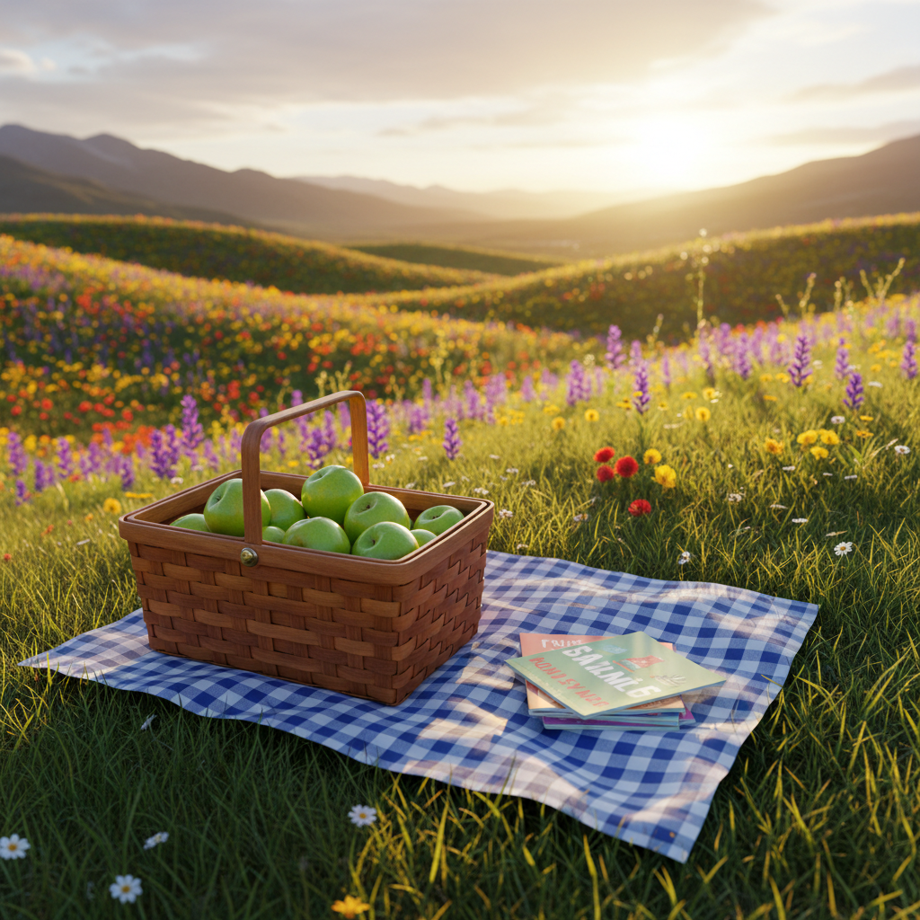 A meticulously arranged wooden picnic basket overflowing with crisp green apples, a classic blue-checkered blanket, and colorful illustrated travel guides. The basket sits atop a lush grassy hill, overlooking a wide scenic valley dotted with wildflowers. Late afternoon sunlight bathes the scene in a vibrant, golden glow, creating playful highlights on the basket’s woven detail and sun-dappled shadows on the grass. The mood is cheerful and serene, inviting viewers to imagine idyllic family travel moments. Captured from a low-angle, three-quarter view with rule-of-thirds composition and sharp focus throughout. The overall feel is clean, modern, and vibrant—reflective of a fresh, family-friendly travel perspective.