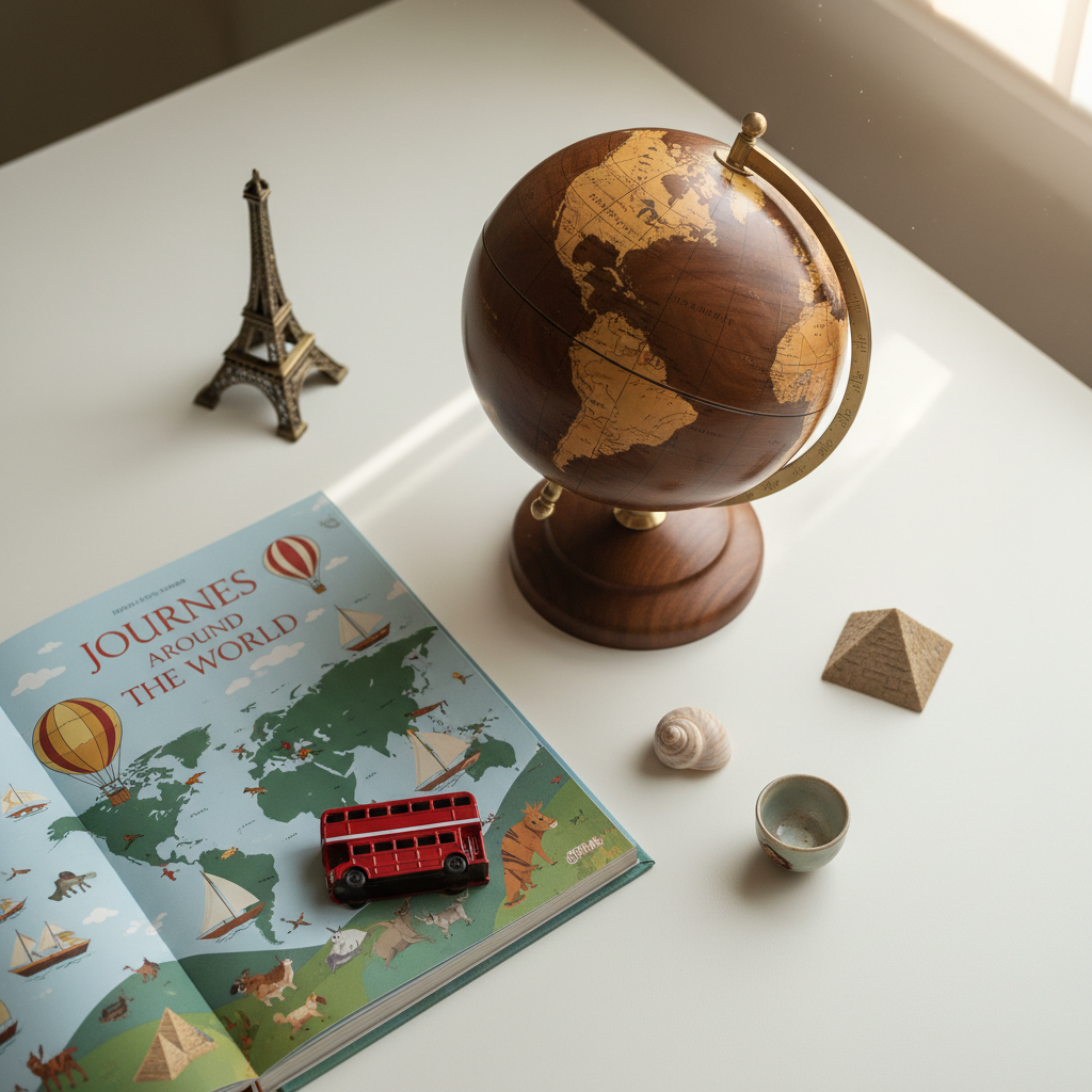 A globe crafted from smooth, richly colored wood and brushed metal accents, positioned atop a thick, illustrated children’s book on a minimalist white study desk. Around the globe are scattered small, detailed souvenirs—like a delicate Eiffel Tower, a miniature red London bus, and a seashell. The scene is lit by soft afternoon window light that creates gentle shadows and a calm, inviting glow, highlighting the tactile materials. The mood is inspiring and educational, sparking curiosity. Captured from a bird’s eye perspective using centered composition and a crisp, clean style, this image exudes a modern, family-oriented travel blog feel—perfect for encouraging global exploration.