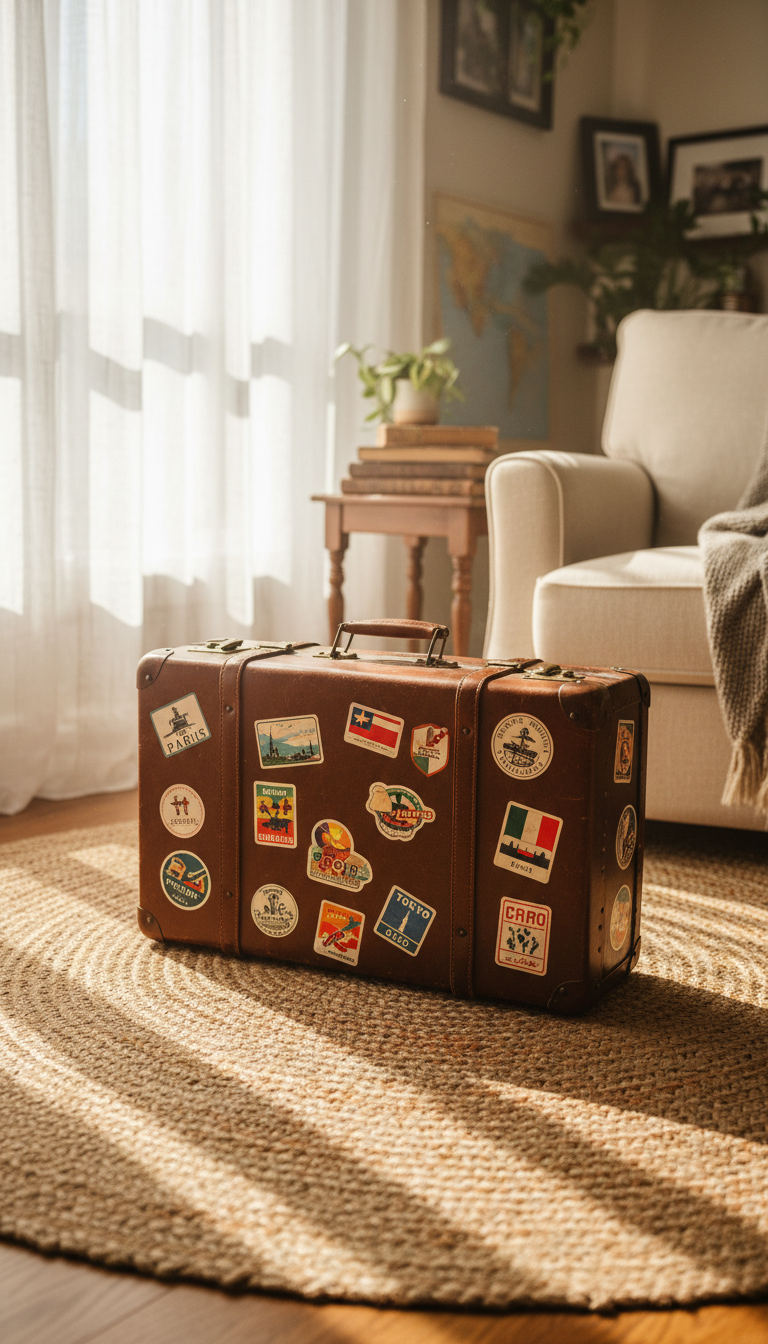 An intricately detailed vintage brown leather suitcase, slightly worn but well cared for, with colorful travel stickers from around the globe. The suitcase rests on a handwoven jute rug in the sunny corner of a cozy, light-filled living room. Rays of soft golden morning light stream through gauzy curtains, illuminating the textured surface of the leather and casting gentle shadows across the floor. The mood is warm, nostalgic, and inviting, evoking a spirit of adventure. The composition uses a slightly elevated, centered angle with a shallow depth of field, keeping the background softly blurred for focus. The visual style is photographic realism with clean, vibrant colors, capturing the joy of preparing for a family journey.